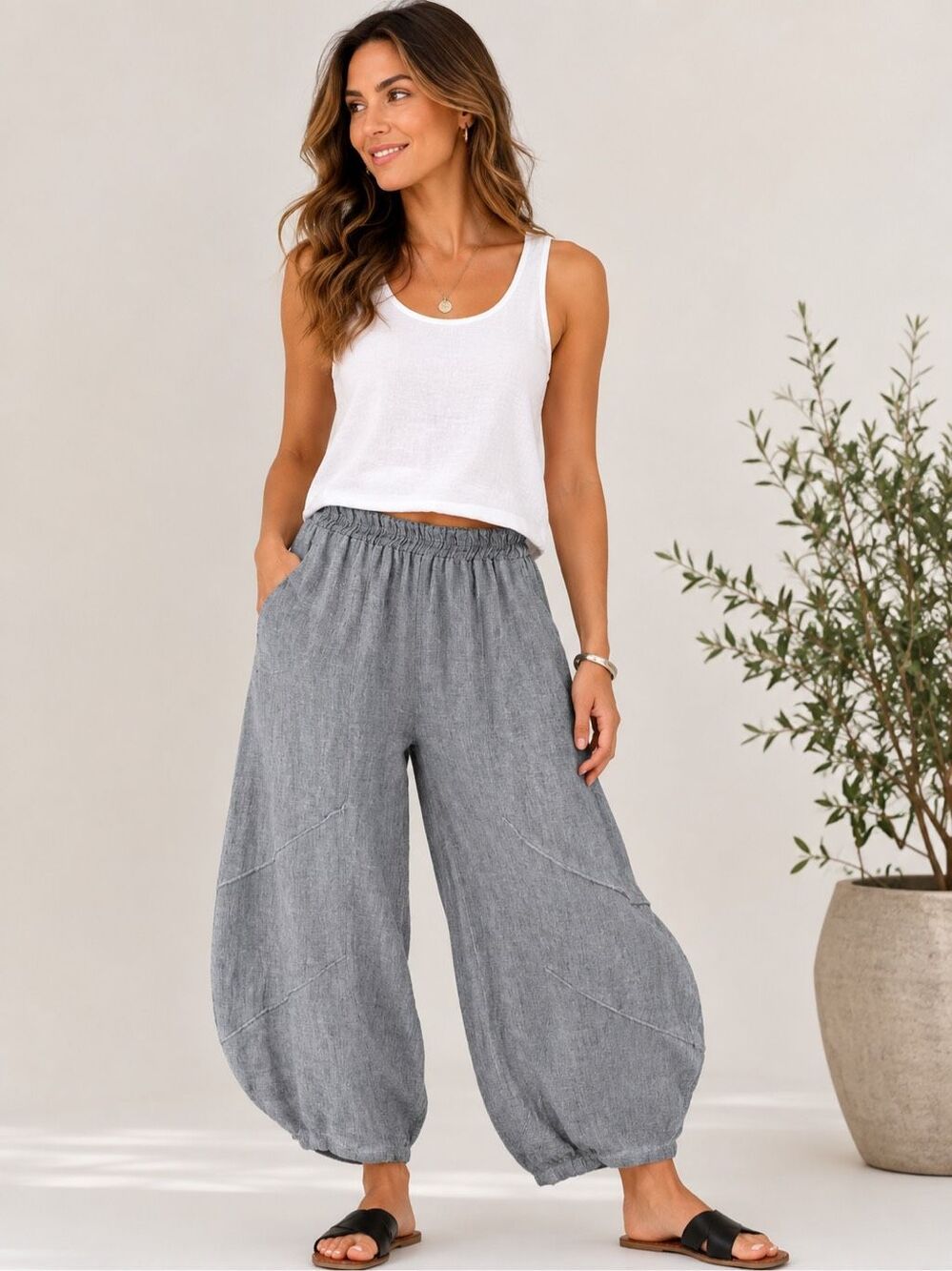Catwalk Studio Italy Gray Cropped Wide Barrel Leg Drawstring Pants Size S